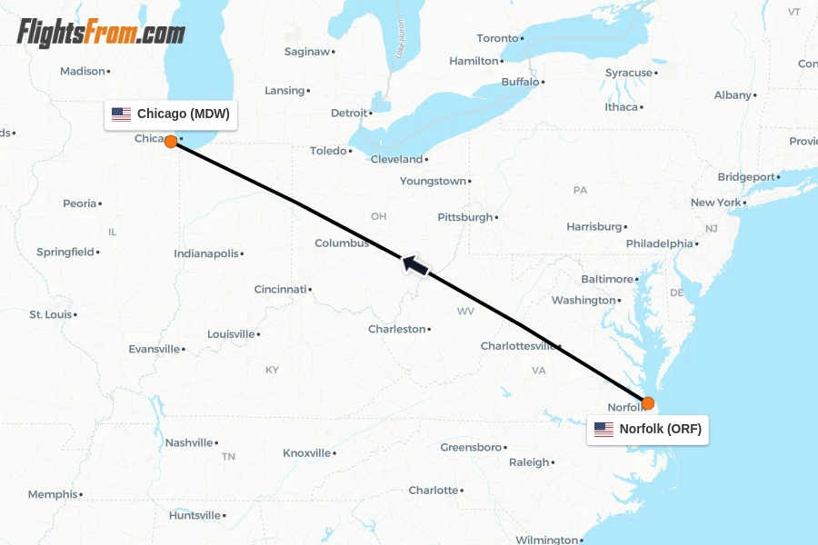 Flights from Norfolk to Chicago route map