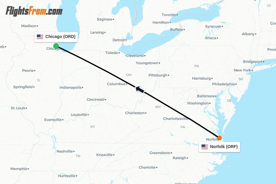 Flights from Norfolk to Chicago route map