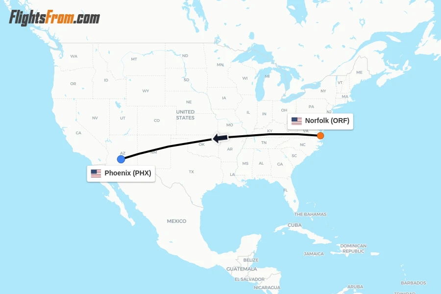 Flights from Norfolk to Phoenix route map