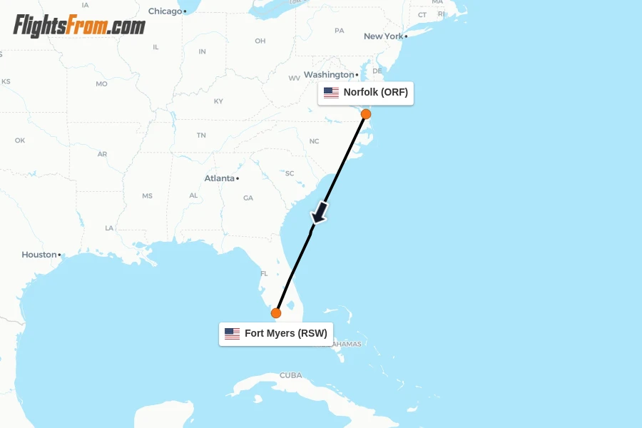 Flights from Norfolk to Fort Myers route map