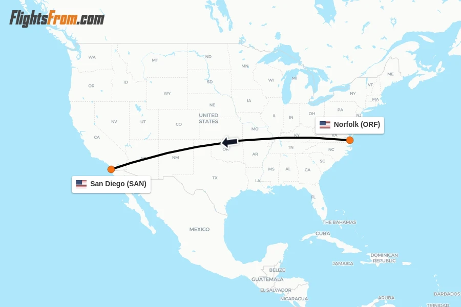 Flights from Norfolk to San Diego route map