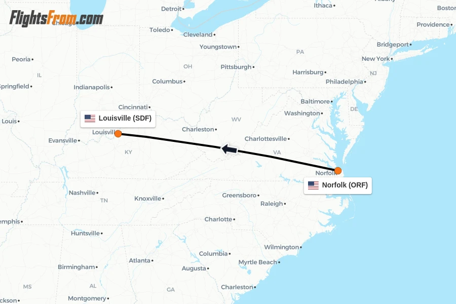 Flights from Norfolk to Louisville route map