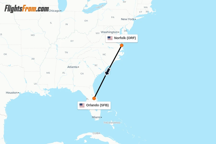 Flights from Norfolk to Orlando route map