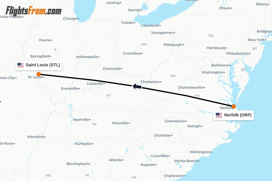 Flights from Norfolk to Saint Louis route map
