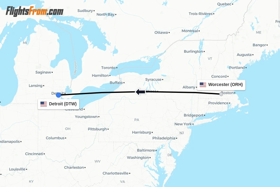 Flights from Worcester to Detroit route map