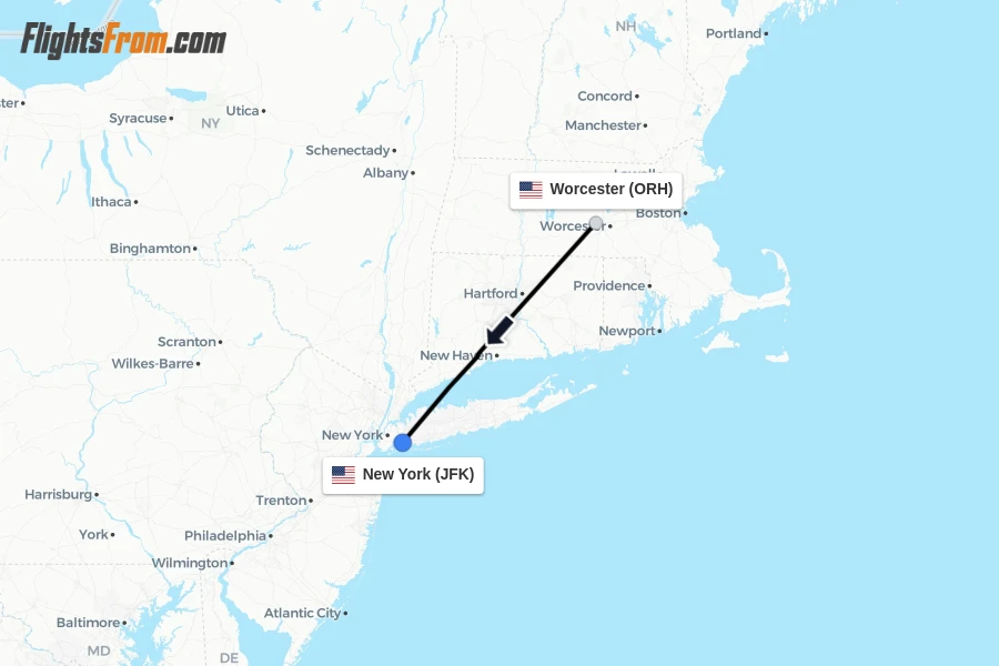 Flights from Worcester to New York route map