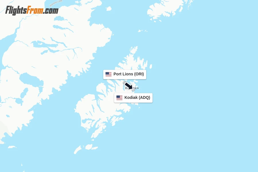 Flights from Port Lions to Kodiak route map