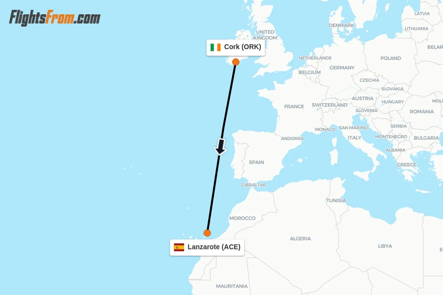Flights from Cork to Lanzarote route map