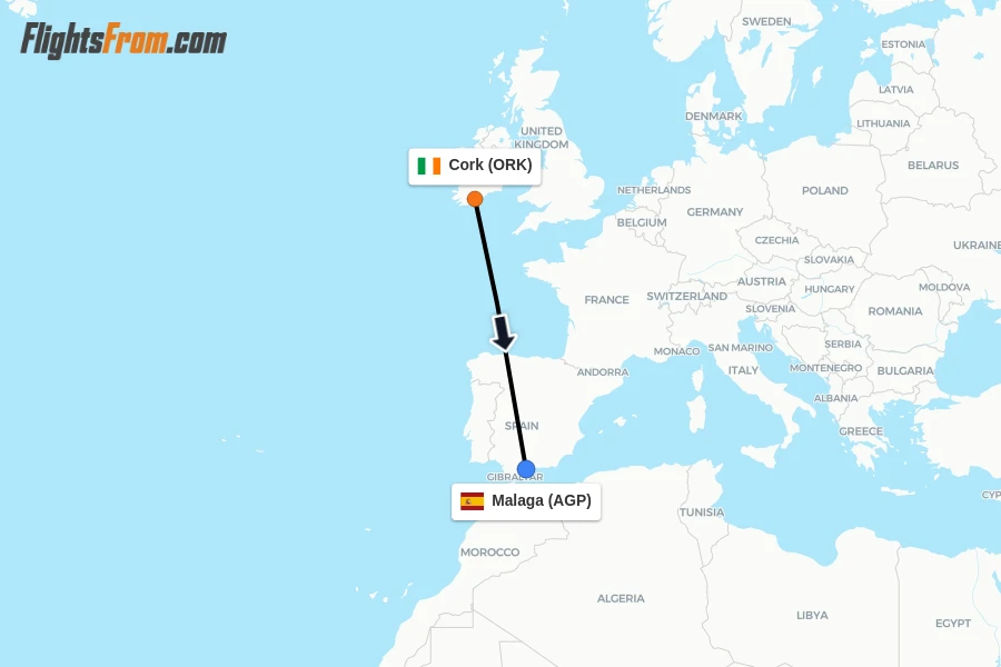Flights from Cork to Malaga route map