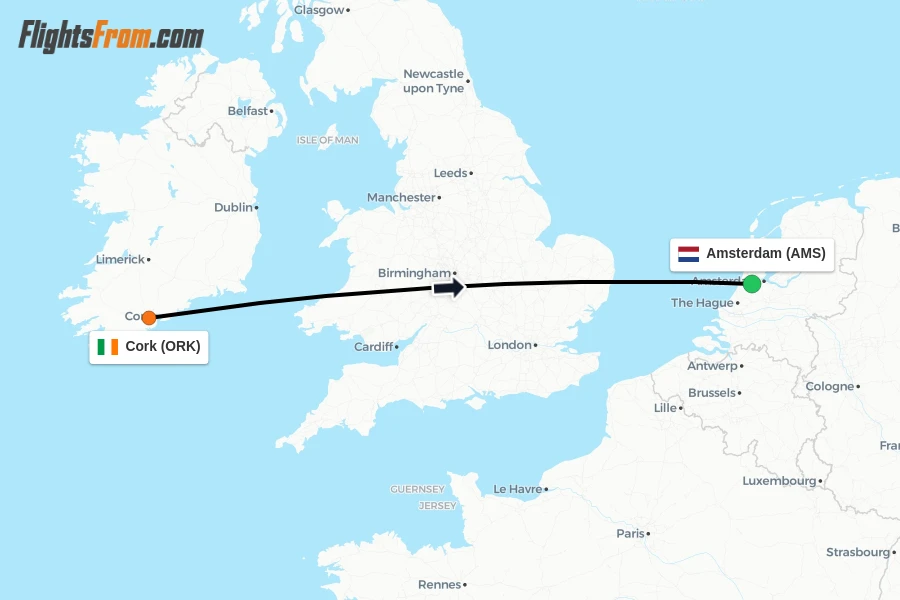 Flights from Cork to Amsterdam route map