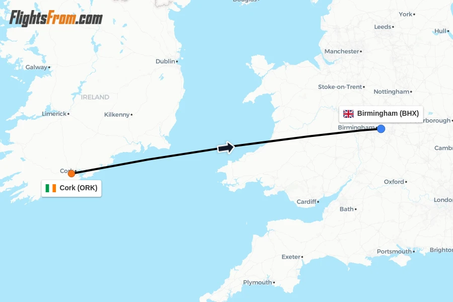 Flights from Cork to Birmingham route map