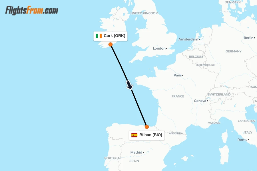 Flights from Cork to Bilbao route map
