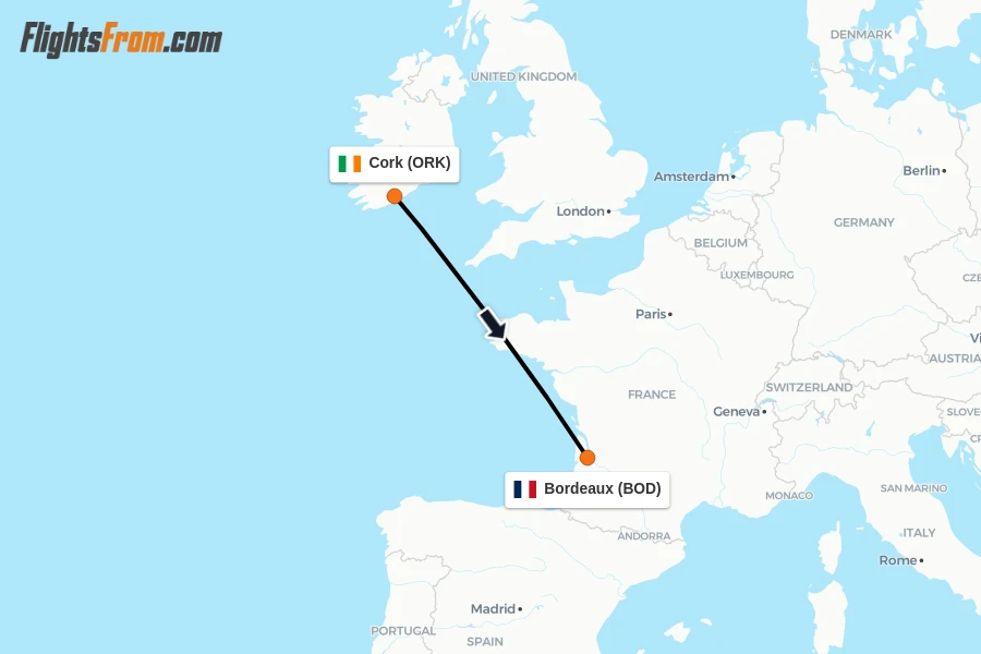 Flights from Cork to Bordeaux route map