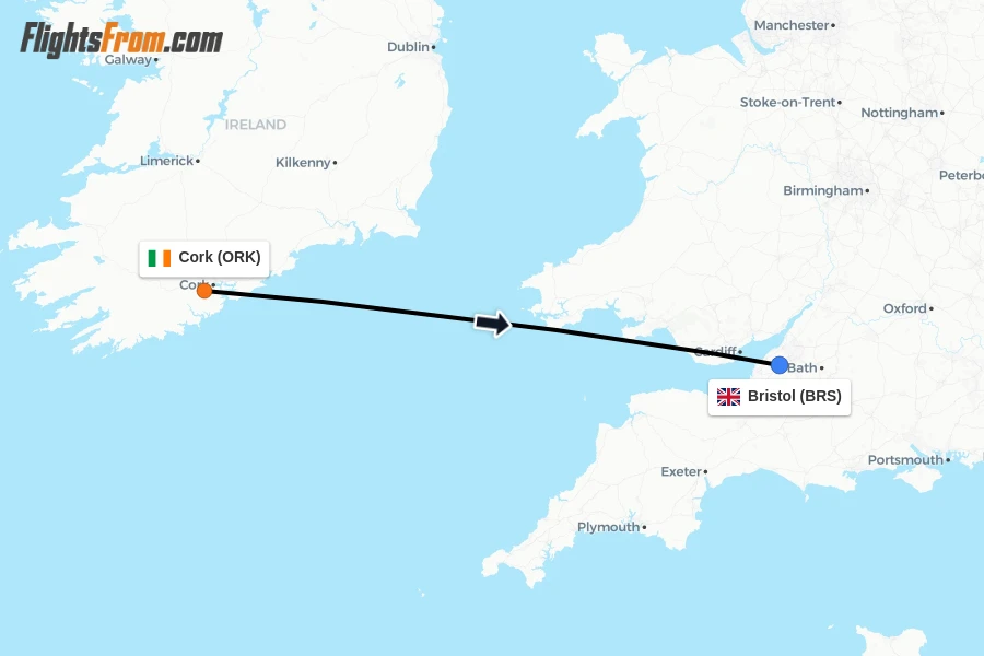 Flights from Cork to Bristol route map