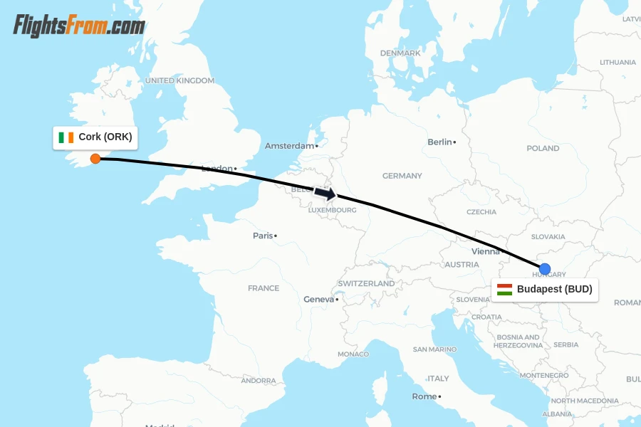 Flights from Cork to Budapest route map