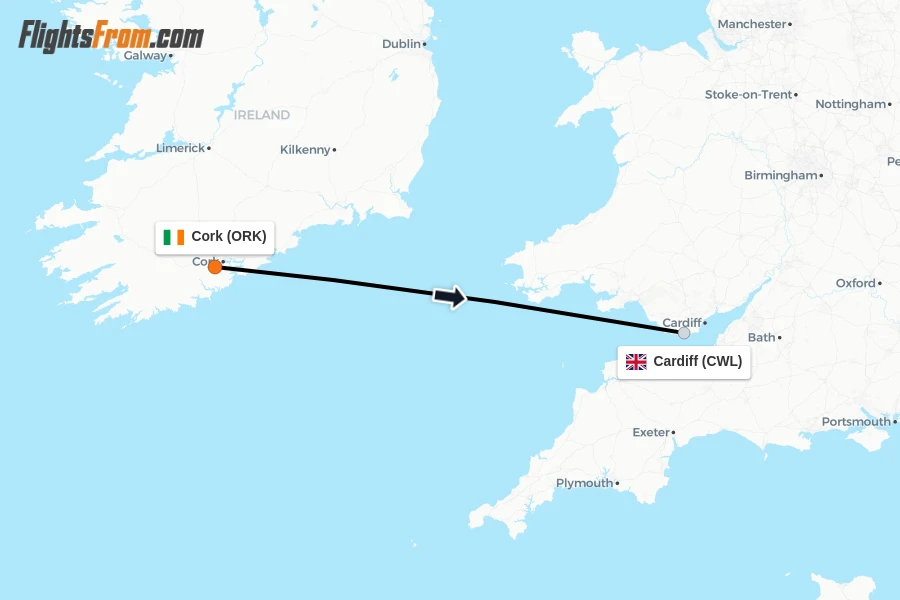 Flights from Cork to Cardiff route map