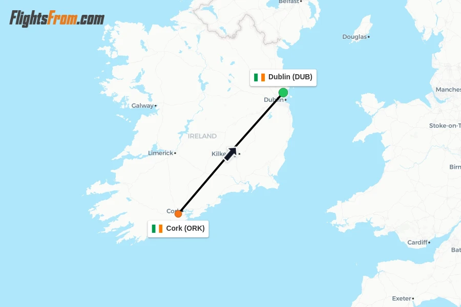 Flights from Cork to Dublin route map