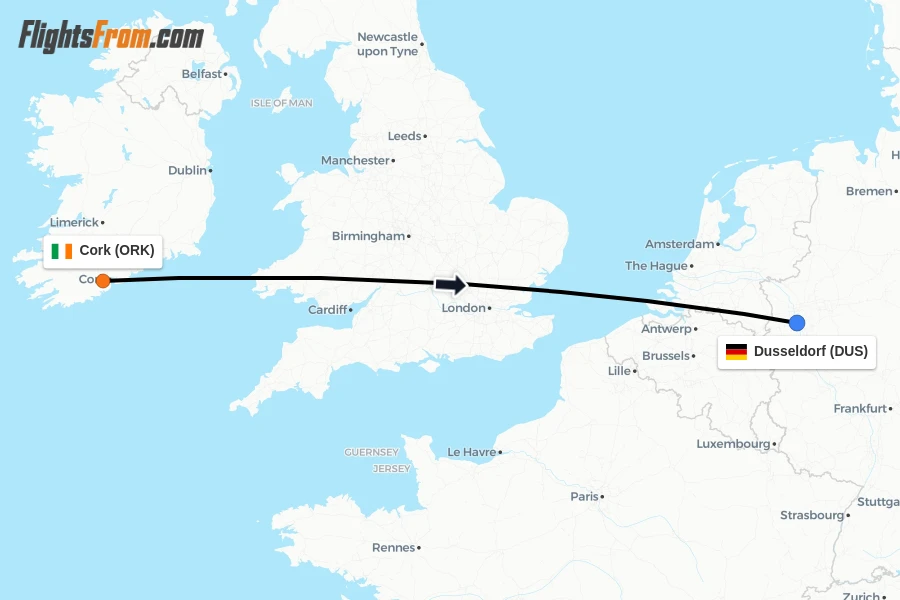 Flights from Cork to Dusseldorf route map