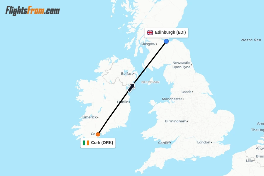 Flights from Cork to Edinburgh route map
