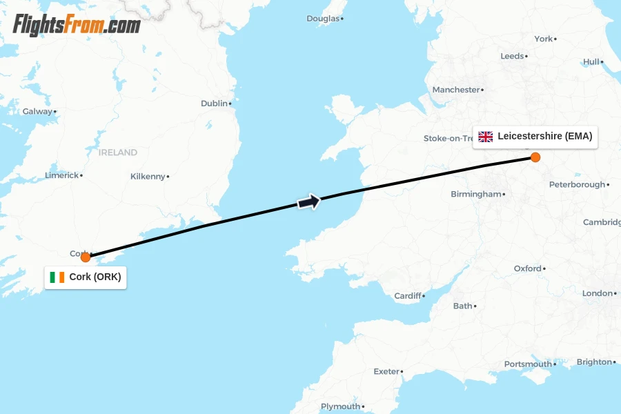Flights from Cork to Leicestershire route map