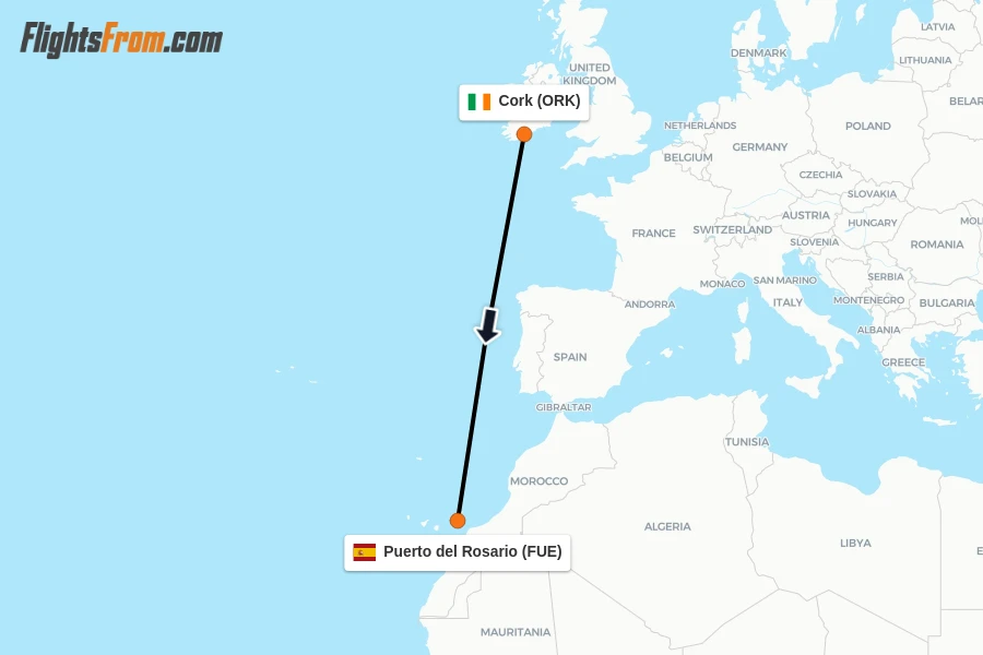 Flights from Cork to Puerto del Rosario route map