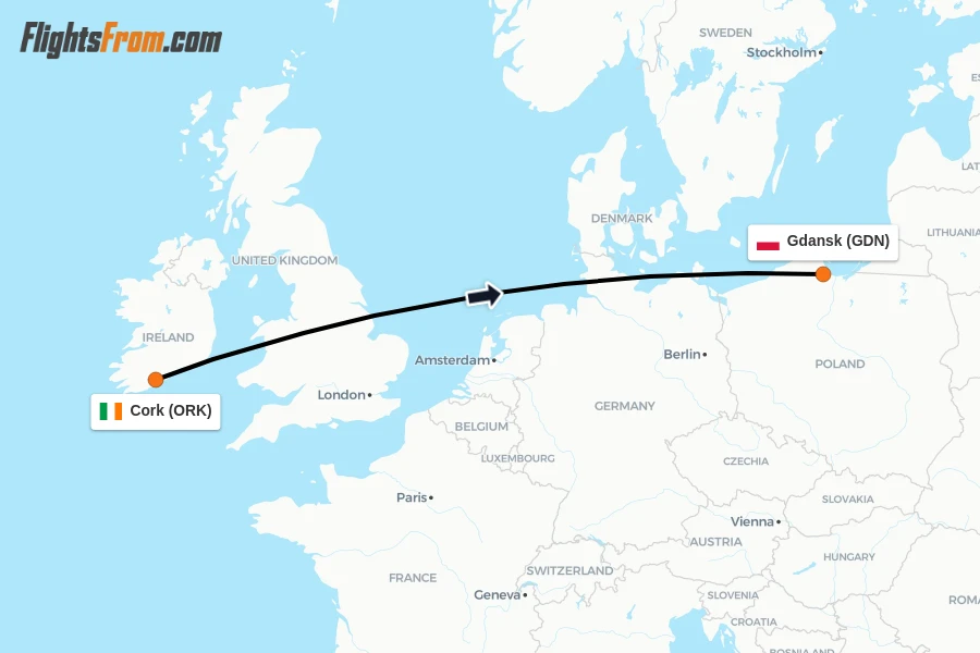 Flights from Cork to Gdansk route map