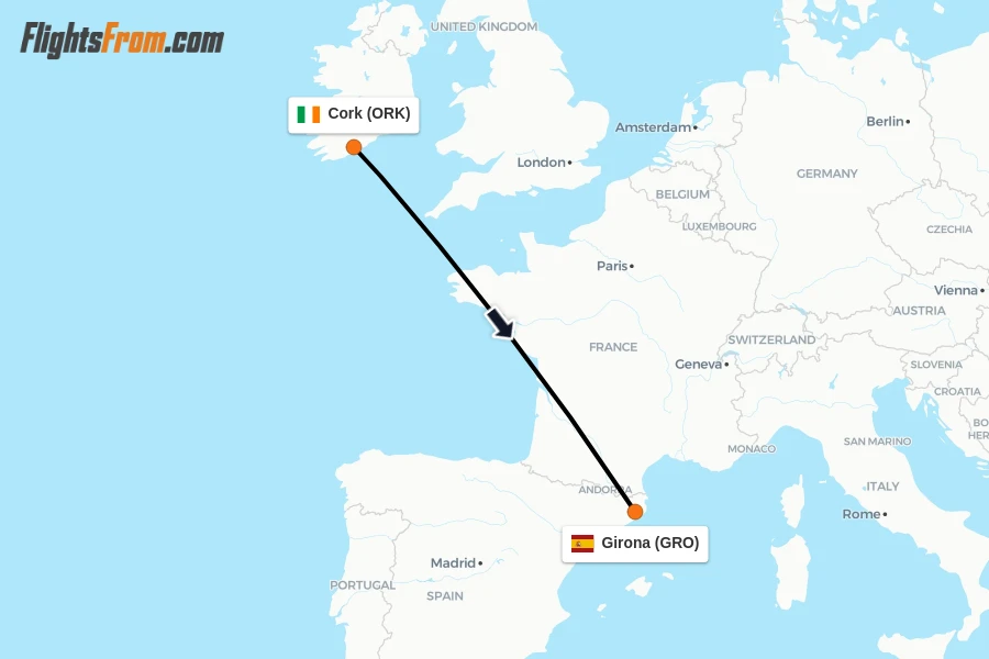 Flights from Cork to Girona route map