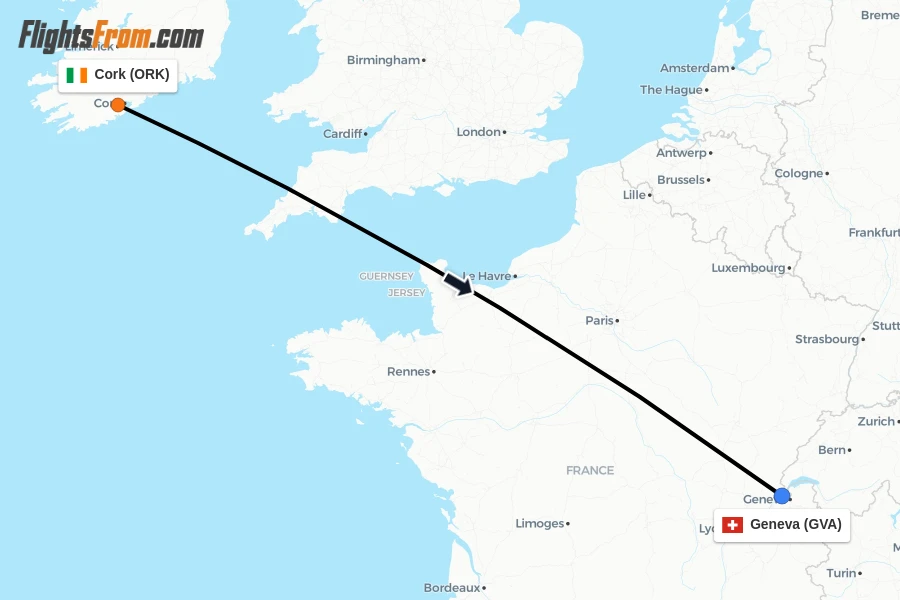 Flights from Cork to Geneva route map