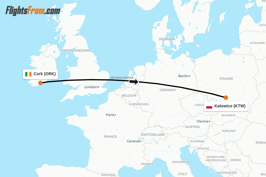Flights from Cork to Katowice route map