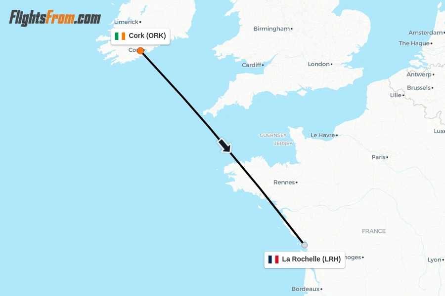 Flights from Cork to La Rochelle route map