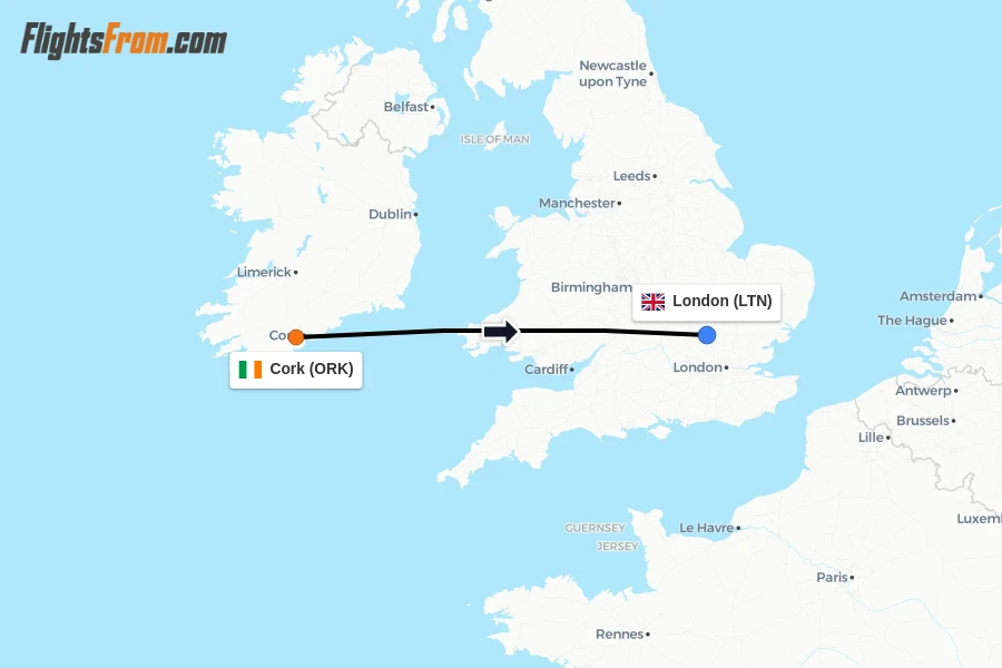 Flights from Cork to London route map