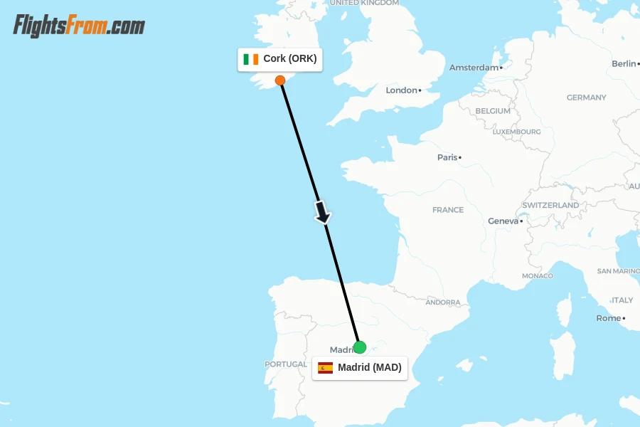 Flights from Cork to Madrid route map