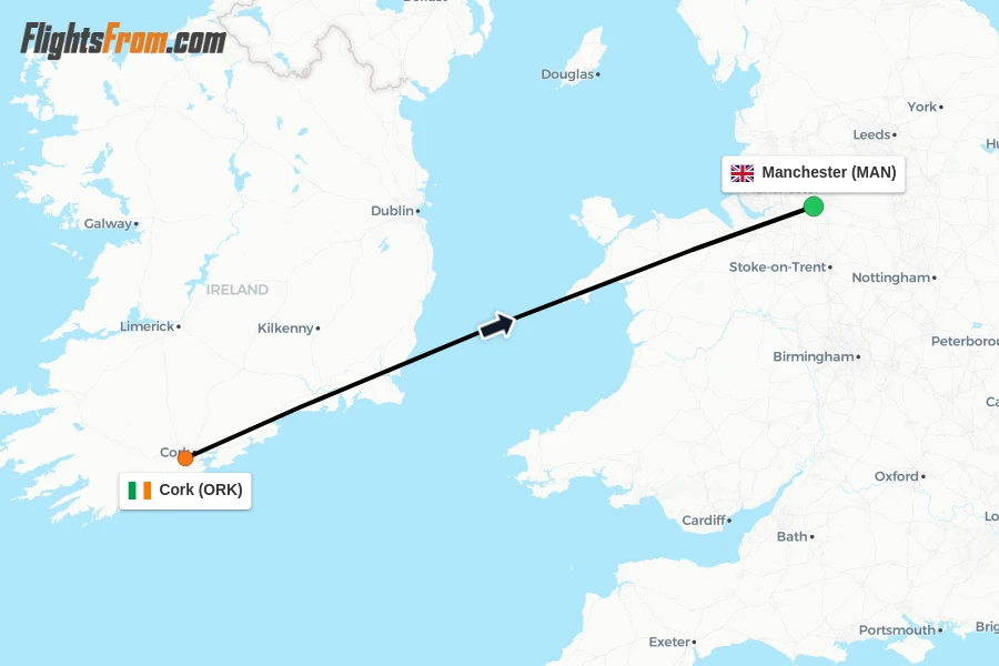 Flights from Cork to Manchester route map
