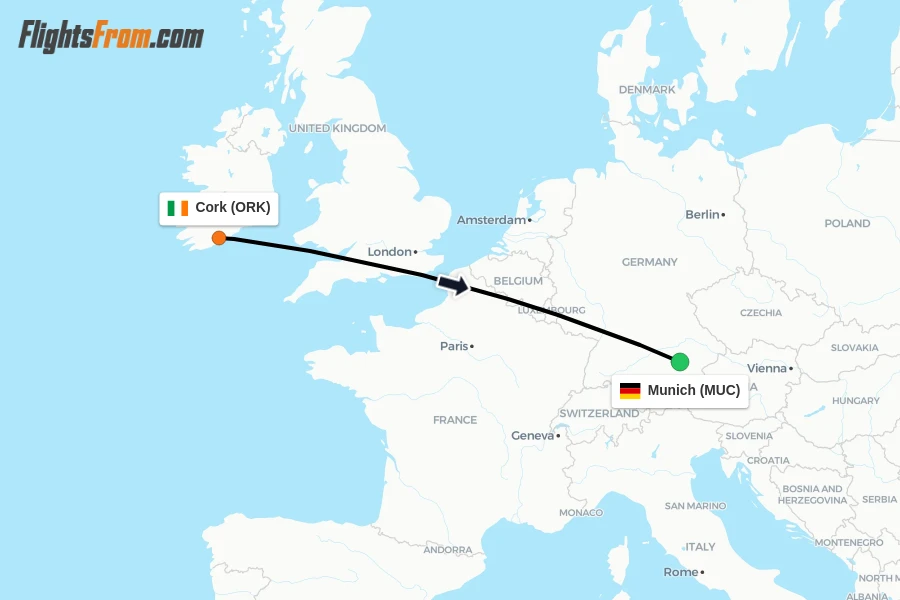 Flights from Cork to Munich route map