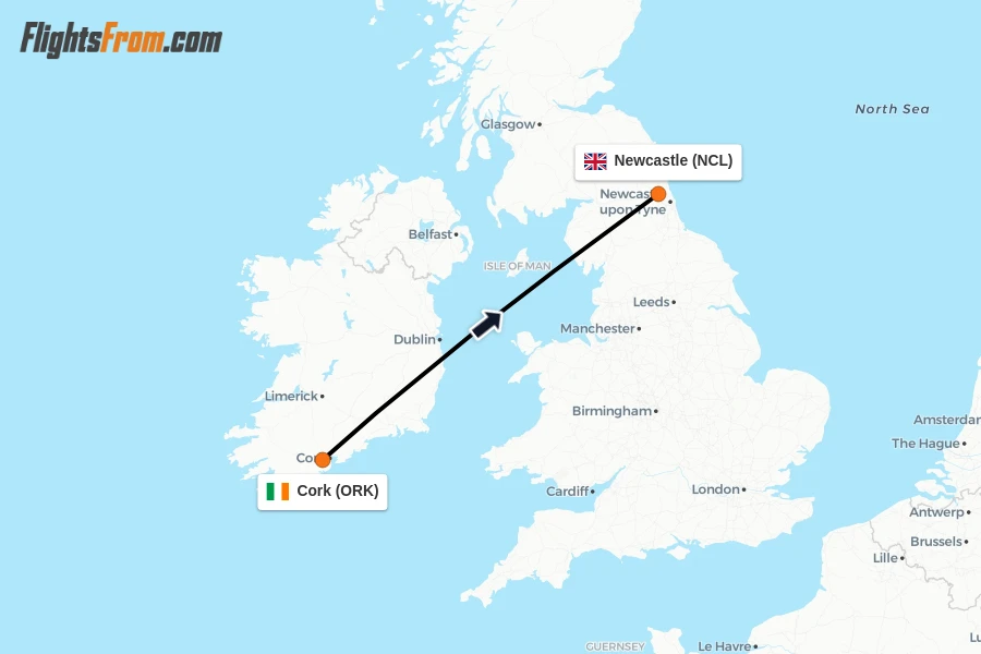 Flights from Cork to Newcastle route map