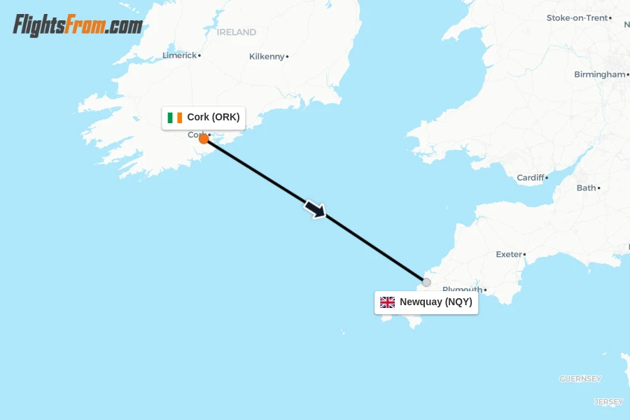 Flights from Cork to Newquay route map