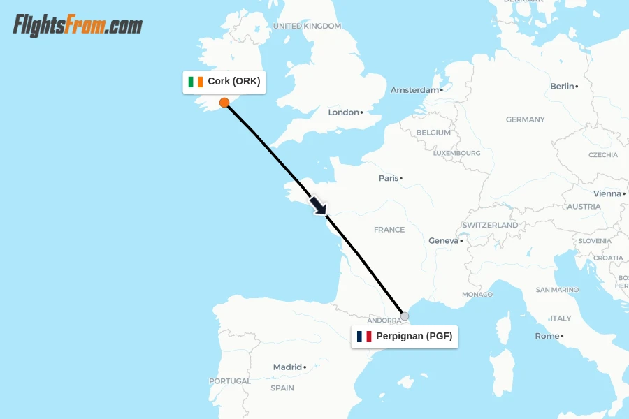 Flights from Cork to Perpignan route map