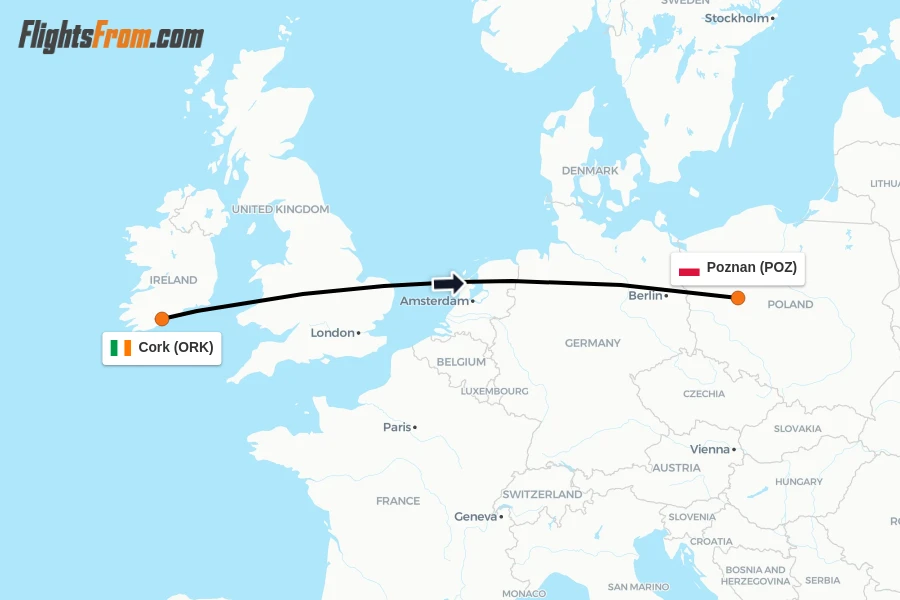 Flights from Cork to Poznan route map
