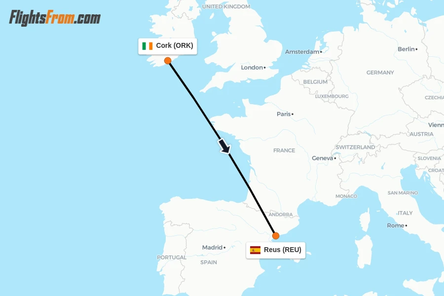 Flights from Cork to Reus route map