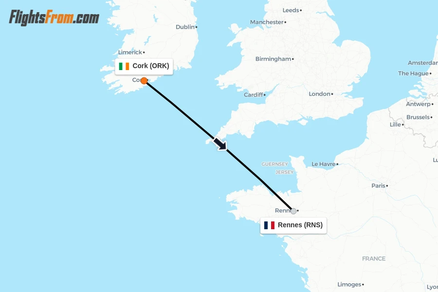 Flights from Cork to Rennes route map