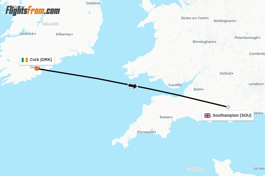 Flights from Cork to Southampton route map