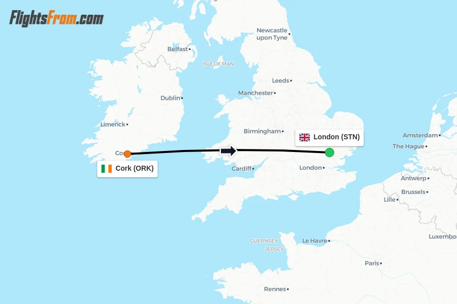 Flights from Cork to London route map