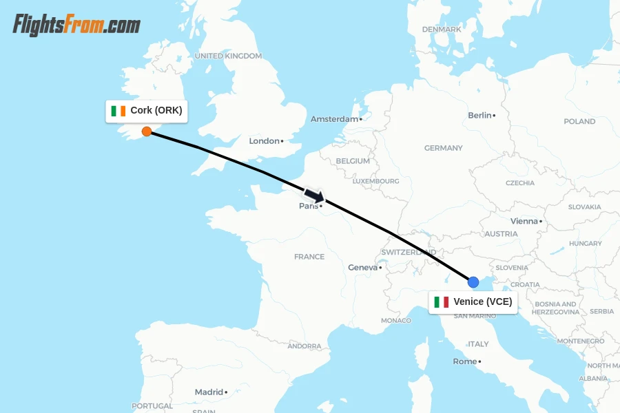 Flights from Cork to Venice route map