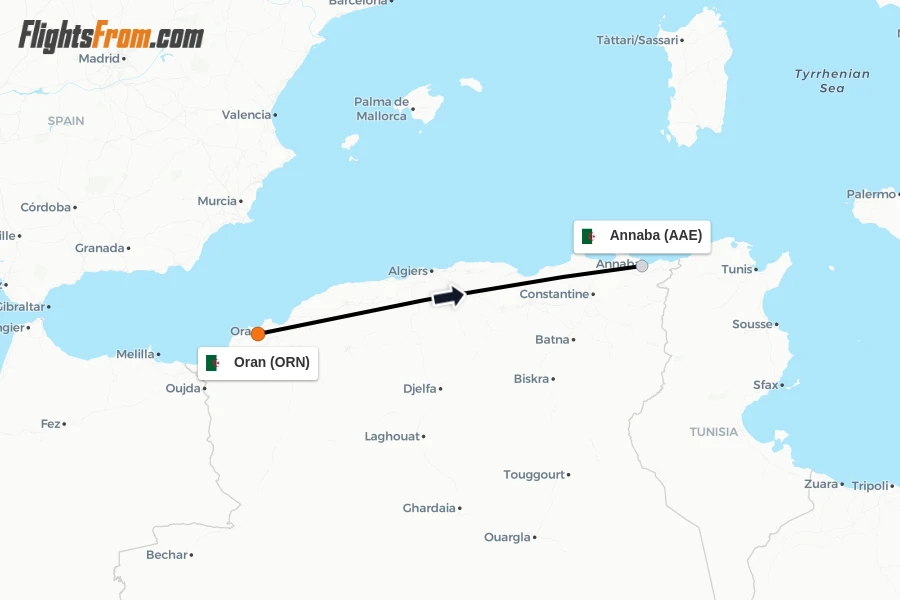 Flights from Oran to Annaba route map