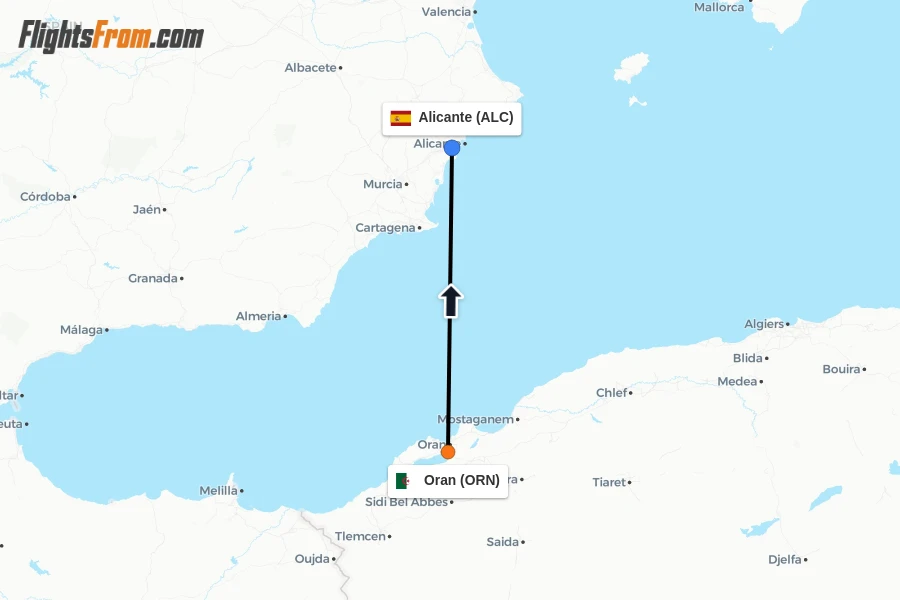 Flights from Oran to Alicante route map