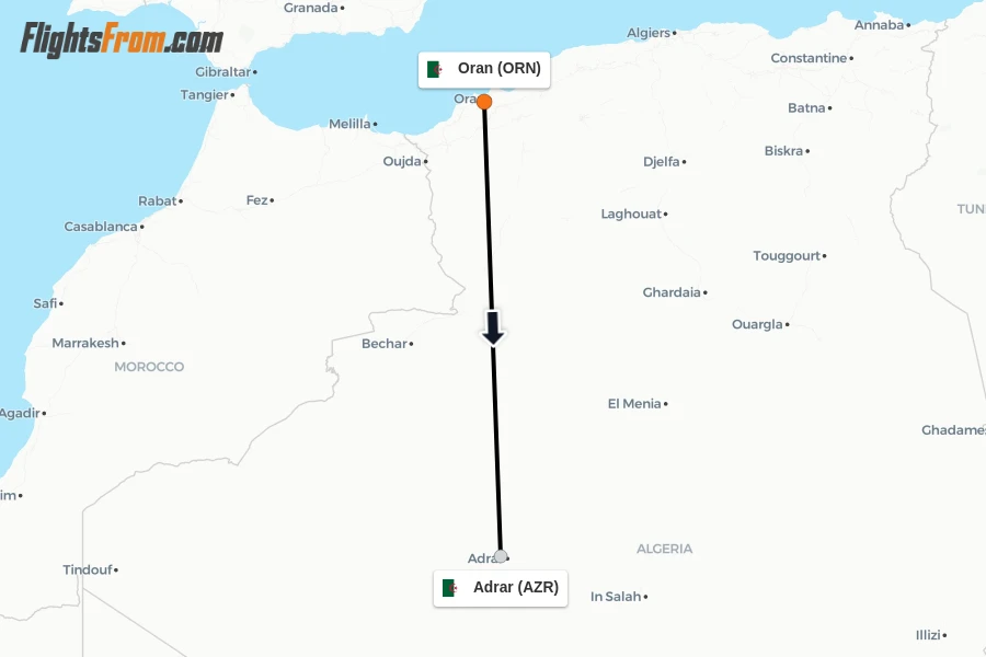 Flights from Oran to Adrar route map