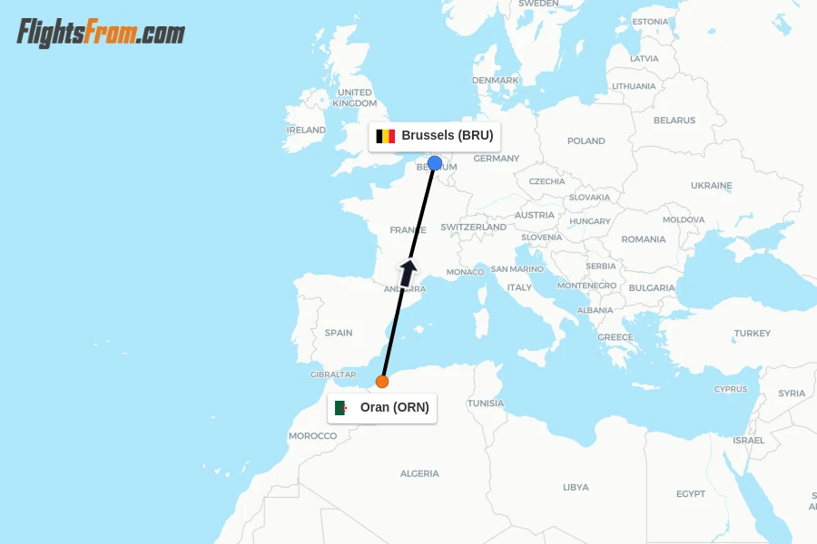 Flights from Oran to Brussels route map