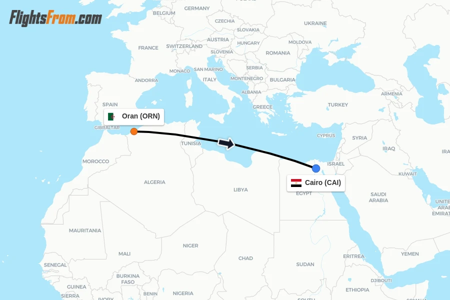 Flights from Oran to Cairo route map
