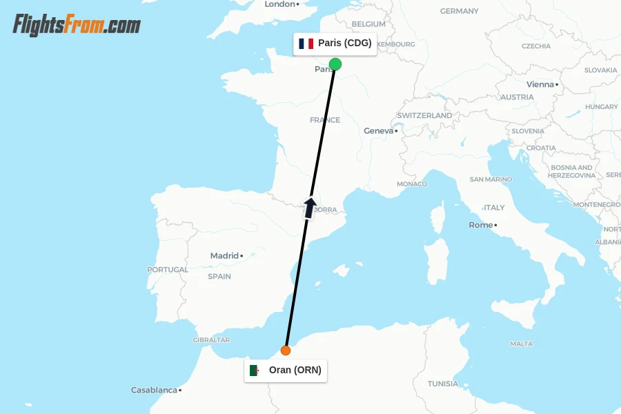 Flights from Oran to Paris route map