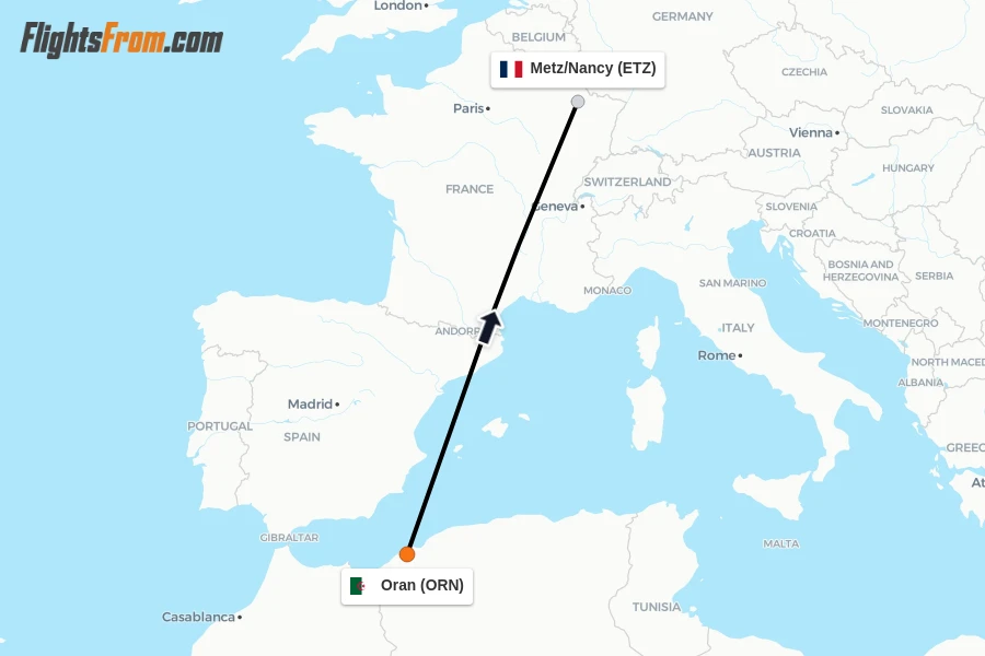 Flights from Oran to Metz/Nancy route map
